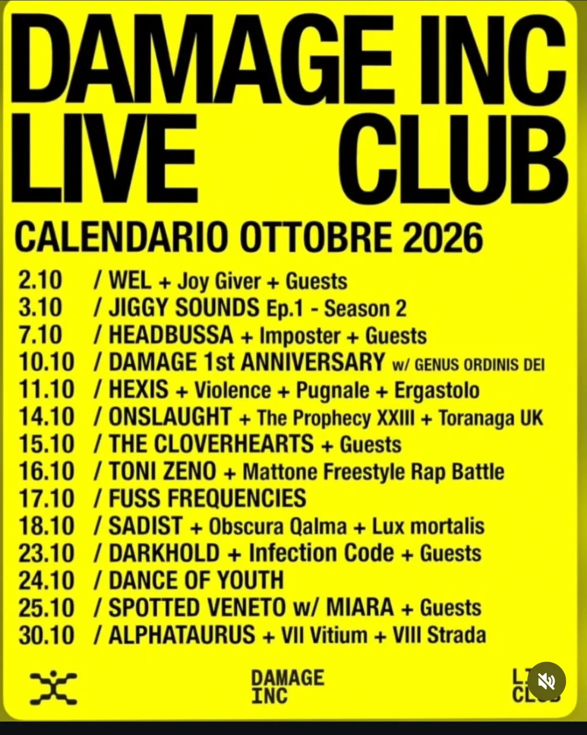 Locandina: Damage Inc Live Club – calendario ottobre 2026