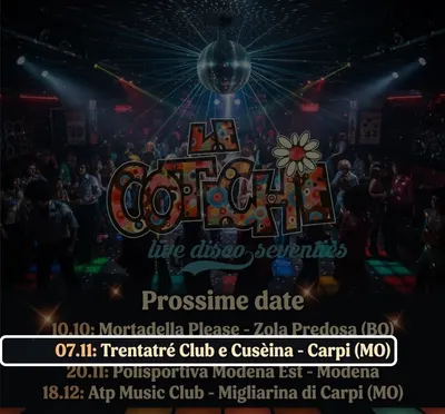 Locandina: Le Cotchie live disco seventies – Trentatré Club e Cusèina