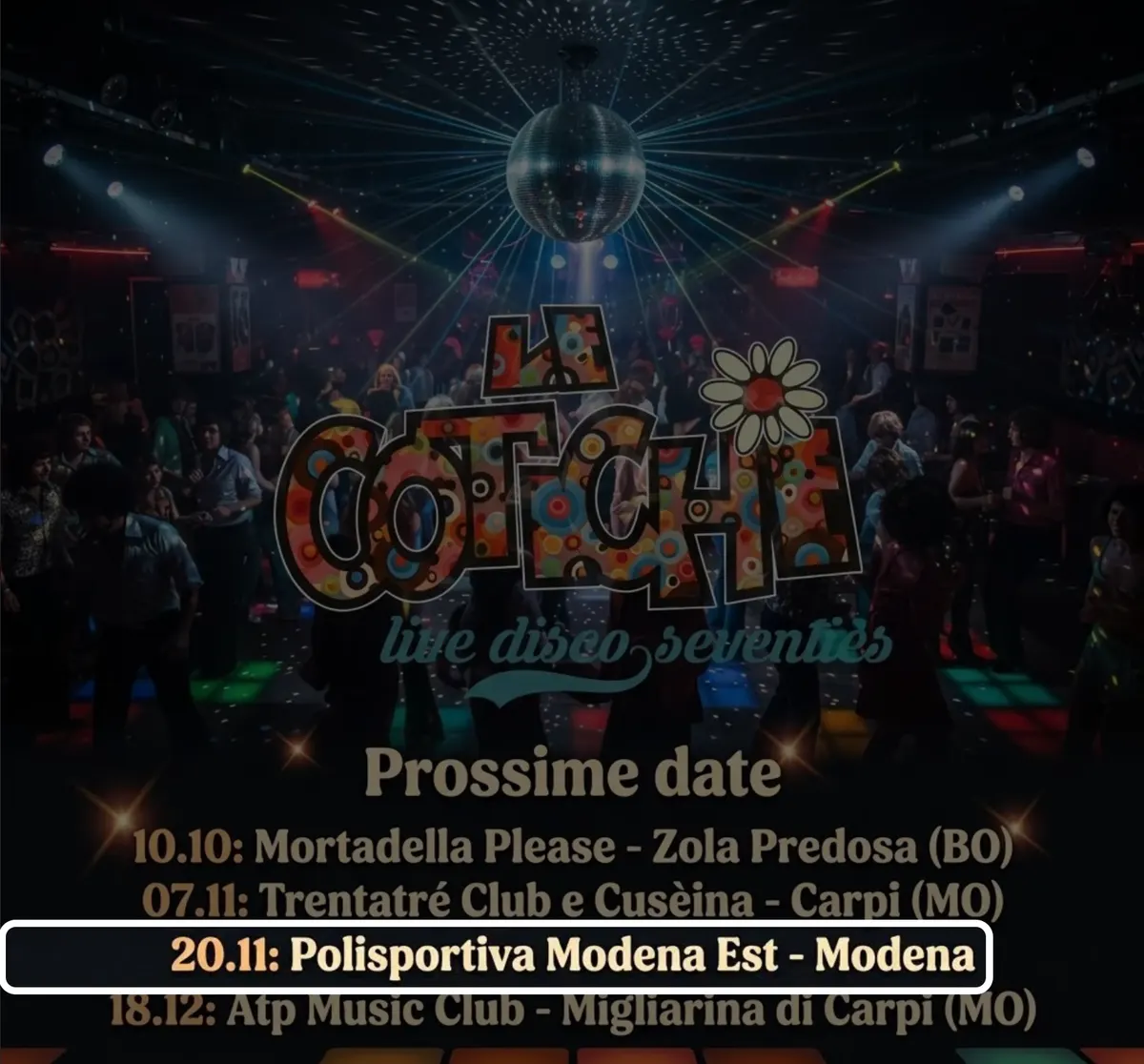 Locandina: Le Cotchie live disco seventies – Polisportiva Modena Est